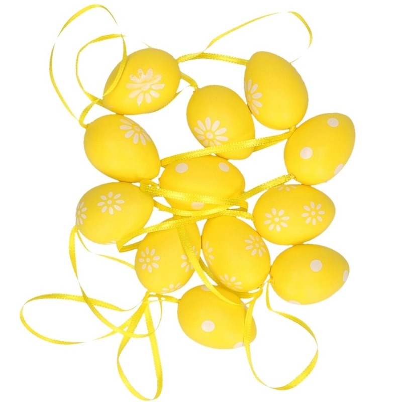 12x Gele paastakken versiering eieren stippen/bloemen 4 cm