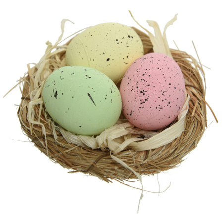 Decoration bird nest with 3 colored eggs 9 x 5 cm
