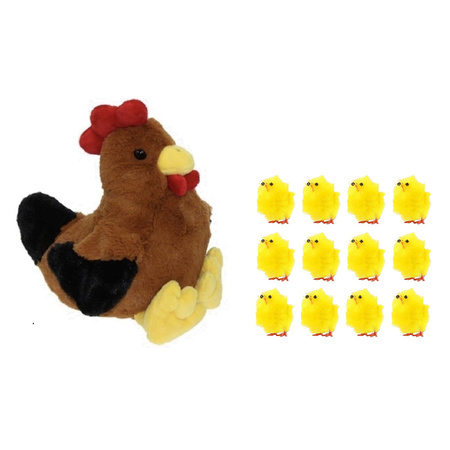 Pluche bruine kippen/hanen knuffel van 25 cm met 12x stuks mini kuikentjes 3 cm