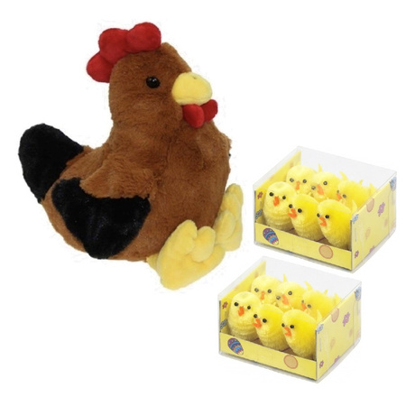 Soft toy chicken/rooster brown 25 cm with 12x mini chicklets