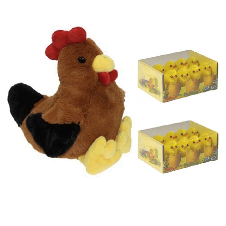 Pluche bruine kippen/hanen knuffel van 25 cm met 16x stuks mini kuikentjes 3 cm