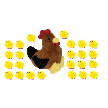 Soft toy chicken/rooster brown 25 cm with 24x mini chicklets