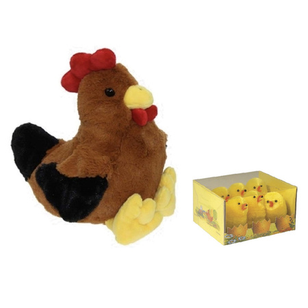 Pluche bruine kippen/hanen knuffel van 25 cm met 6x stuks mini kuikentjes 5 cm
