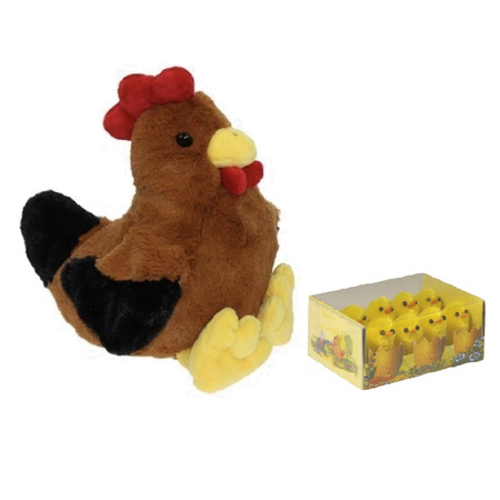 Soft toy chicken/rooster brown 25 cm with 8x mini chicklets 3 cm