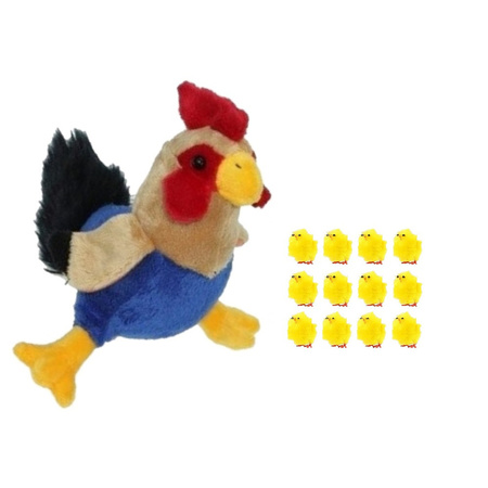 Soft toy chicken/rooster 20 cm with 12x mini chicklets 3 cm