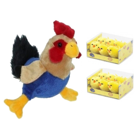 Soft toy chicken/rooster 20 cm with 12x mini chicklets 3,5 cm