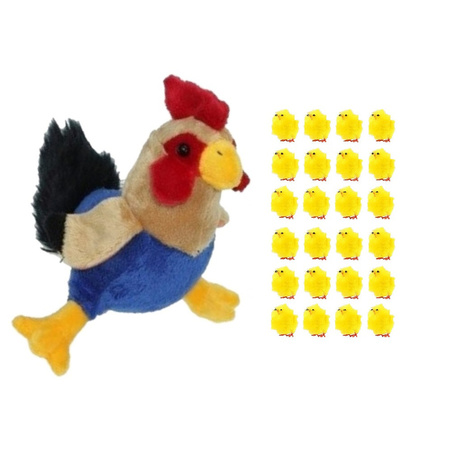 Soft toy chicken/rooster 20 cm with 24x mini chicklets 3 cm