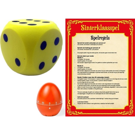 Saint Nicholas game with yellow dice and timer/alarm
